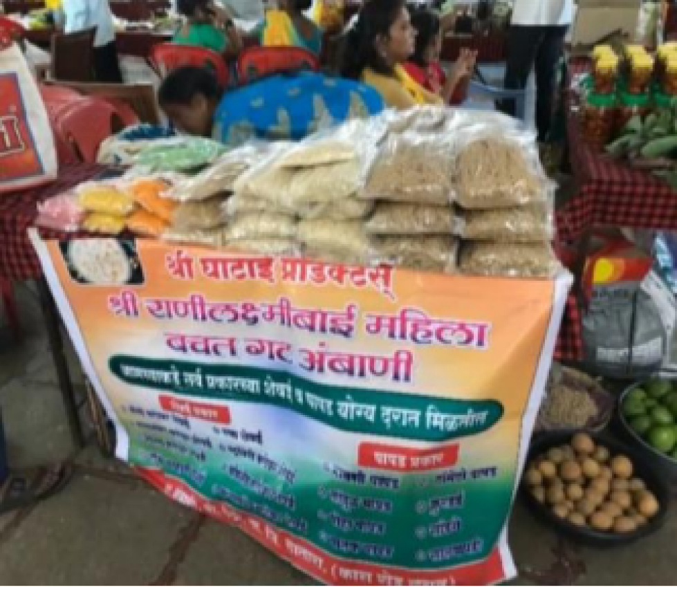 Stall of women's group selling grains, vegetables, fruits and spices