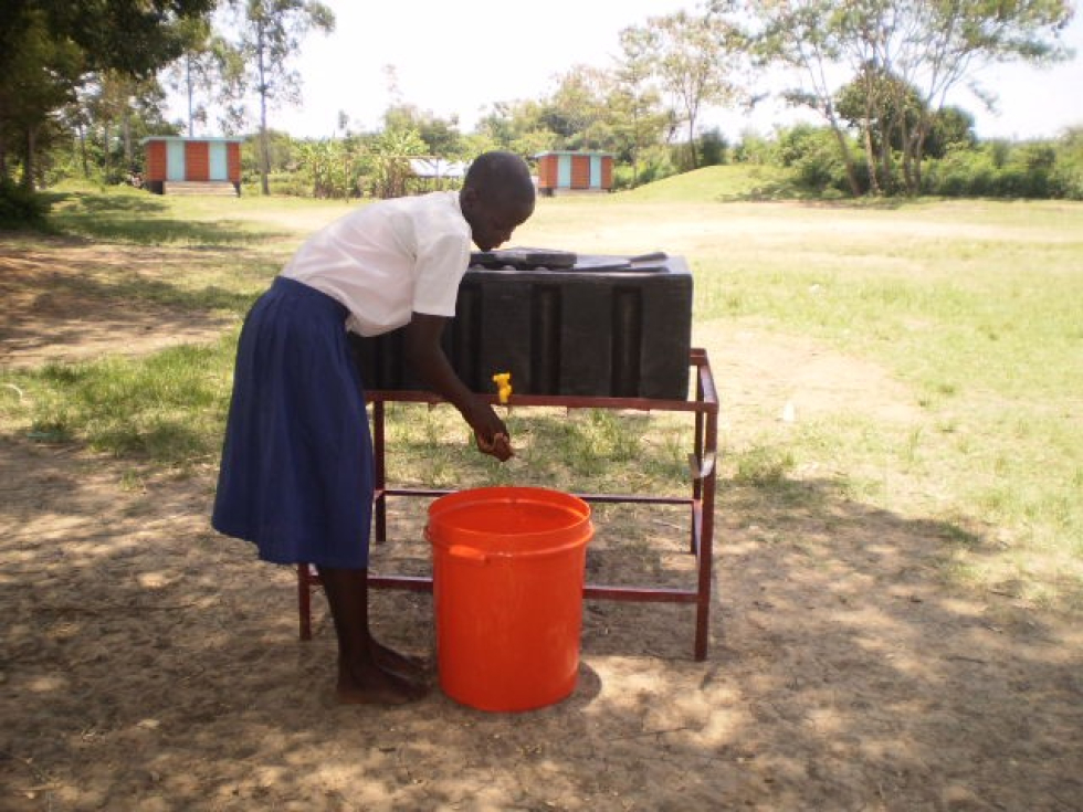 A pupil practicing hygiene in school